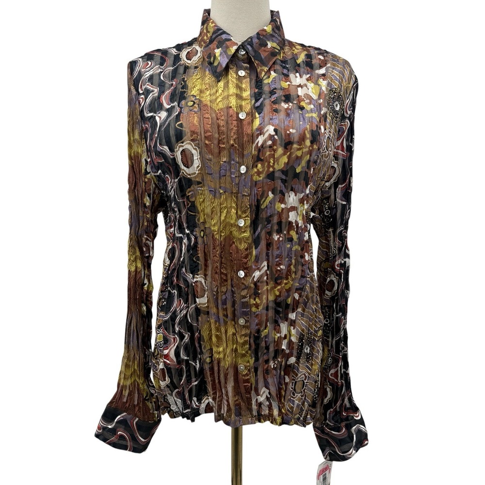 Belissimo New York XL Sheer Crinkle Blouse Metallic Abstract Print NWT‎ Top Boho